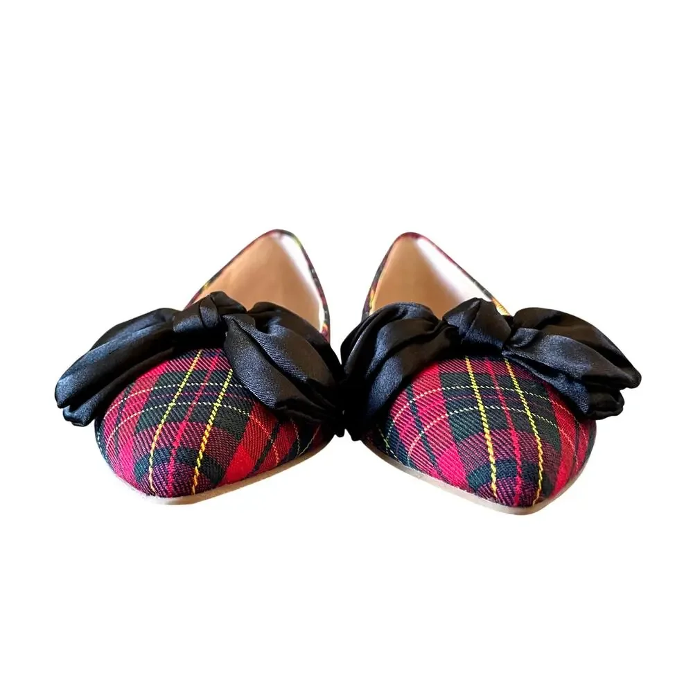 Jack Rogers Debra Bow Ballet Flats Red Plaid Pointed Toe Women's US 8 NEW